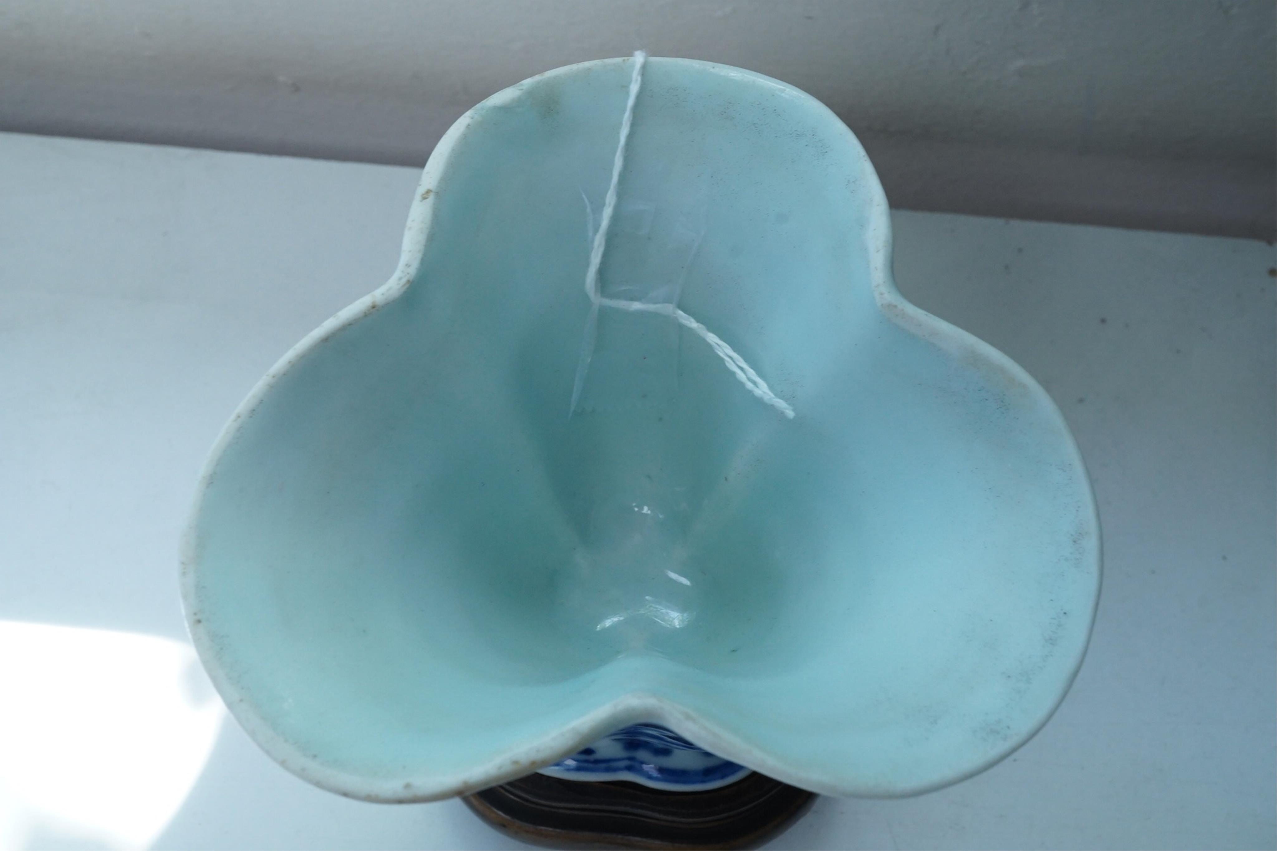 An unusual Chinese blue and white trefoil shaped double walled vase, Qianlong period